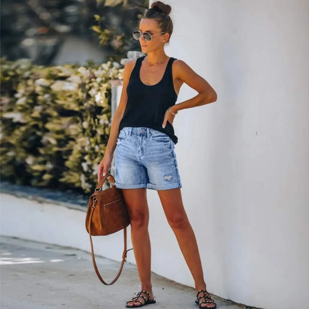 Womens Jean Shorts Stretch Mid High Waisted Ripped Cuffed Denim Shorts Loose Summer Beach Casual Y2k Short Mom Jeans