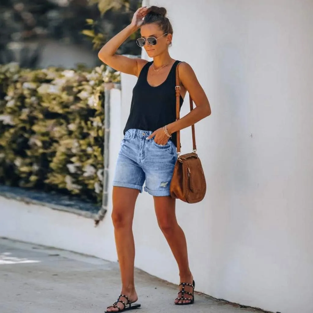 Womens Jean Shorts Stretch Mid High Waisted Ripped Cuffed Denim Shorts Loose Summer Beach Casual Y2k Short Mom Jeans