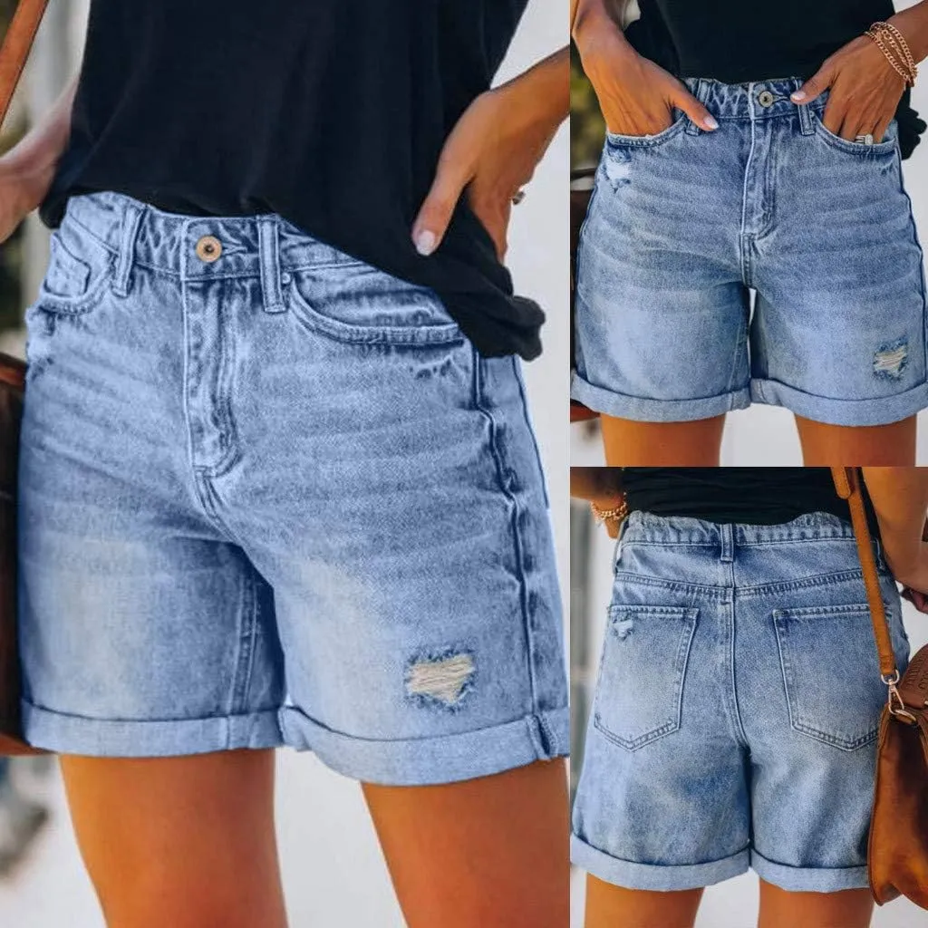 Womens Jean Shorts Stretch Mid High Waisted Ripped Cuffed Denim Shorts Loose Summer Beach Casual Y2k Short Mom Jeans