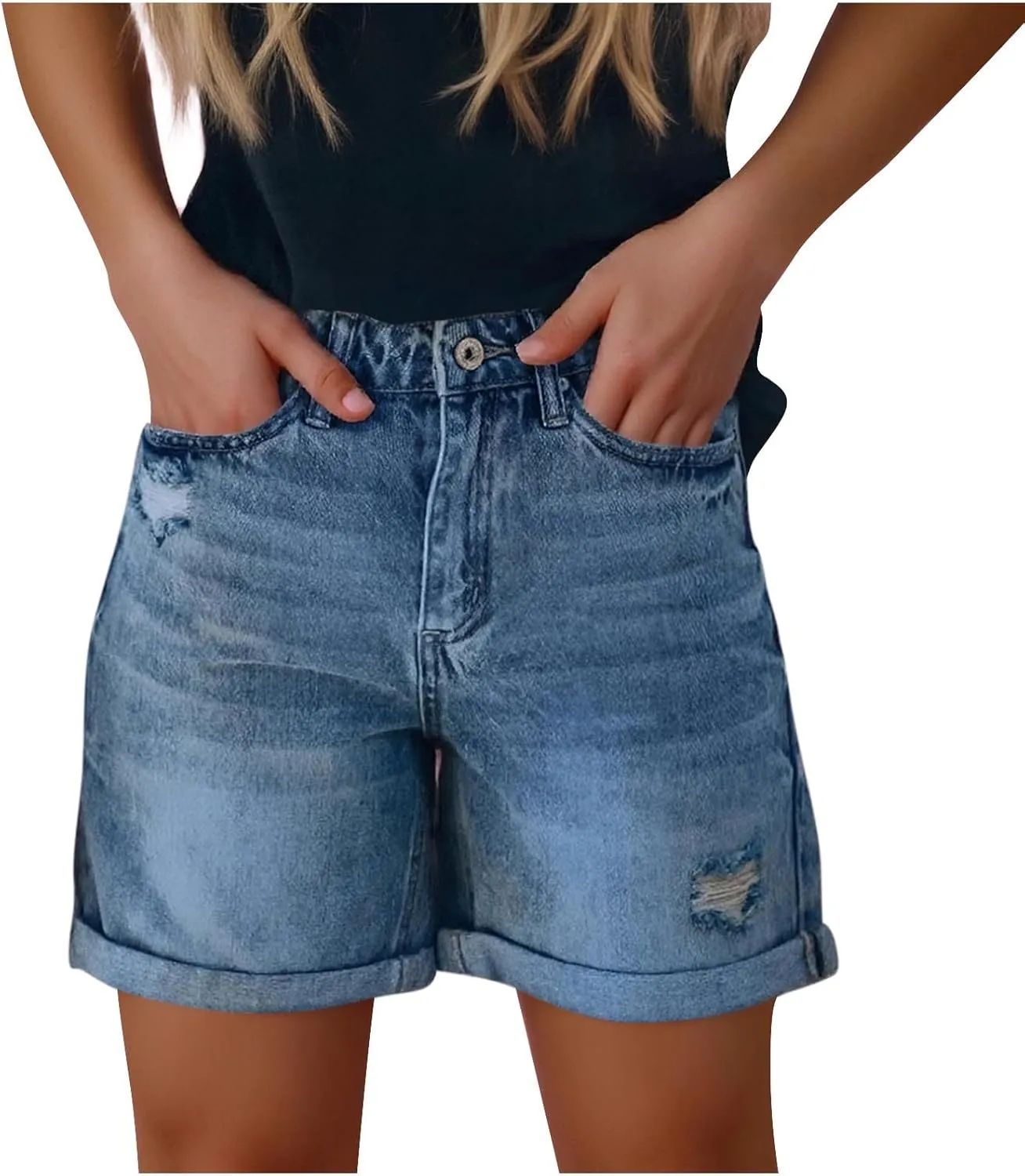 Womens Jean Shorts Stretch Mid High Waisted Ripped Cuffed Denim Shorts Loose Summer Beach Casual Y2k Short Mom Jeans