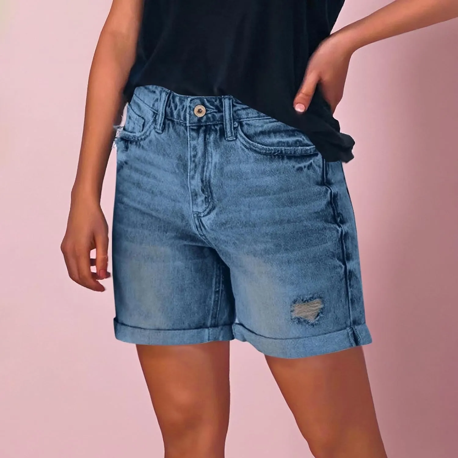 Womens Jean Shorts Stretch Mid High Waisted Ripped Cuffed Denim Shorts Loose Summer Beach Casual Y2k Short Mom Jeans