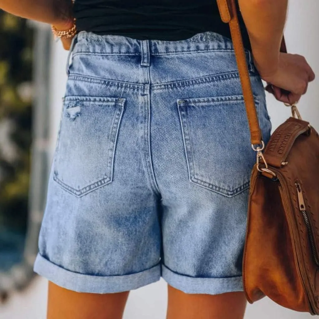 Womens Jean Shorts Stretch Mid High Waisted Ripped Cuffed Denim Shorts Loose Summer Beach Casual Y2k Short Mom Jeans