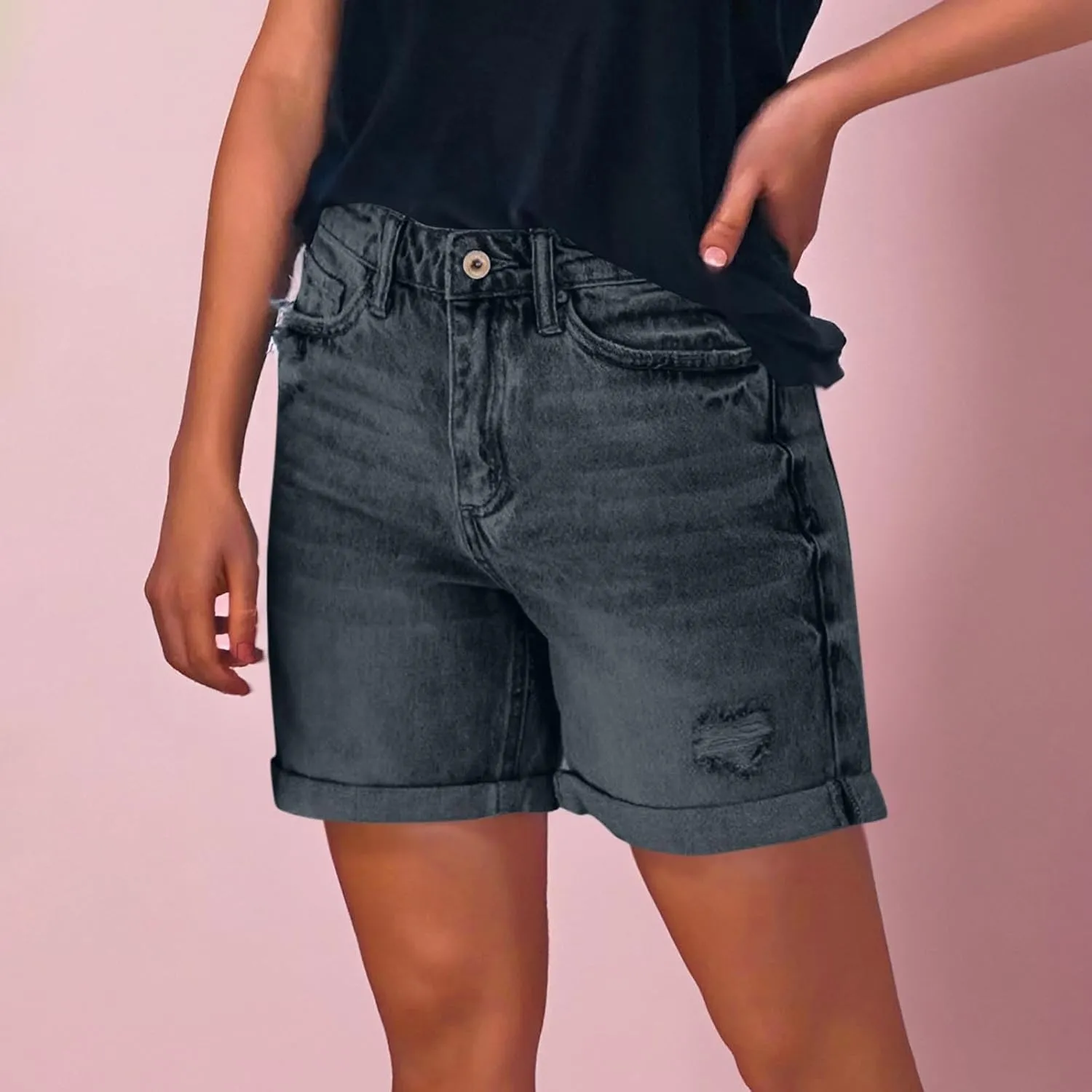 Womens Jean Shorts Stretch Mid High Waisted Ripped Cuffed Denim Shorts Loose Summer Beach Casual Y2k Short Mom Jeans