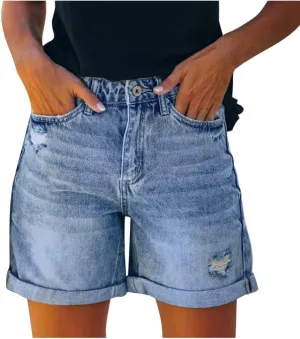 Womens Jean Shorts Stretch Mid High Waisted Ripped Cuffed Denim Shorts Loose Summer Beach Casual Y2k Short Mom Jeans