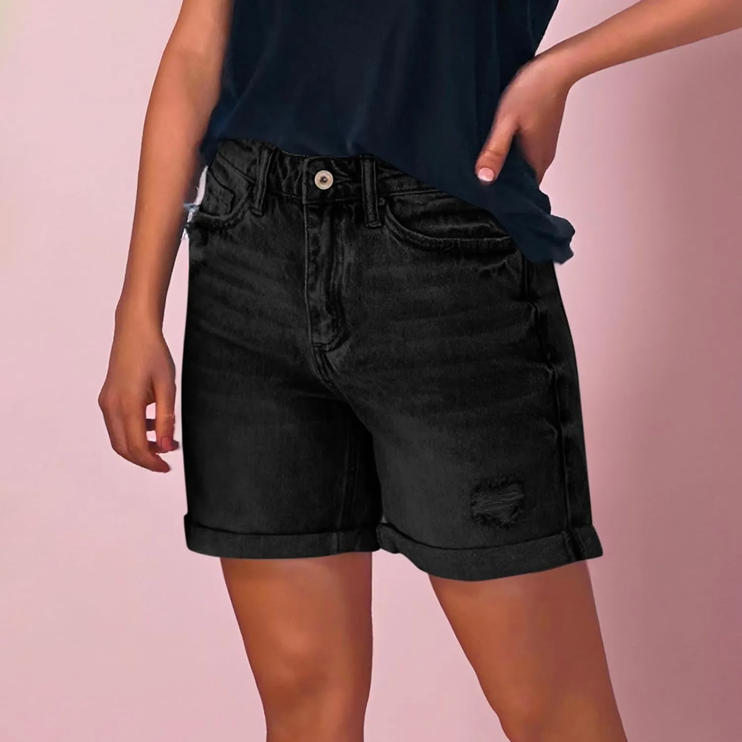 Womens Jean Shorts Stretch Mid High Waisted Ripped Cuffed Denim Shorts Loose Summer Beach Casual Y2k Short Mom Jeans
