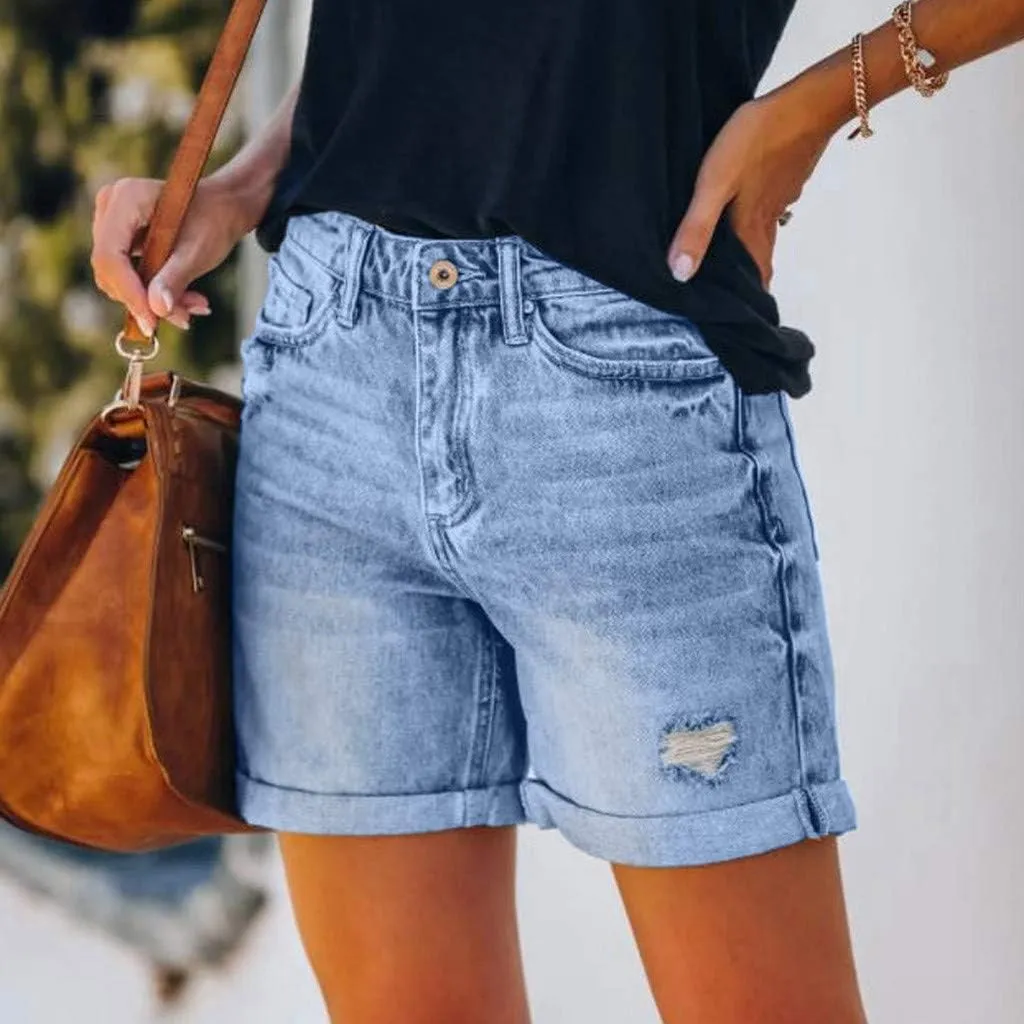 Womens Jean Shorts Stretch Mid High Waisted Ripped Cuffed Denim Shorts Loose Summer Beach Casual Y2k Short Mom Jeans