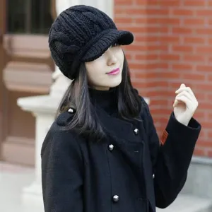 Womens Knitted Visor Beanie Twist Beret Hats Cold Weather Brim Newsboy Cap