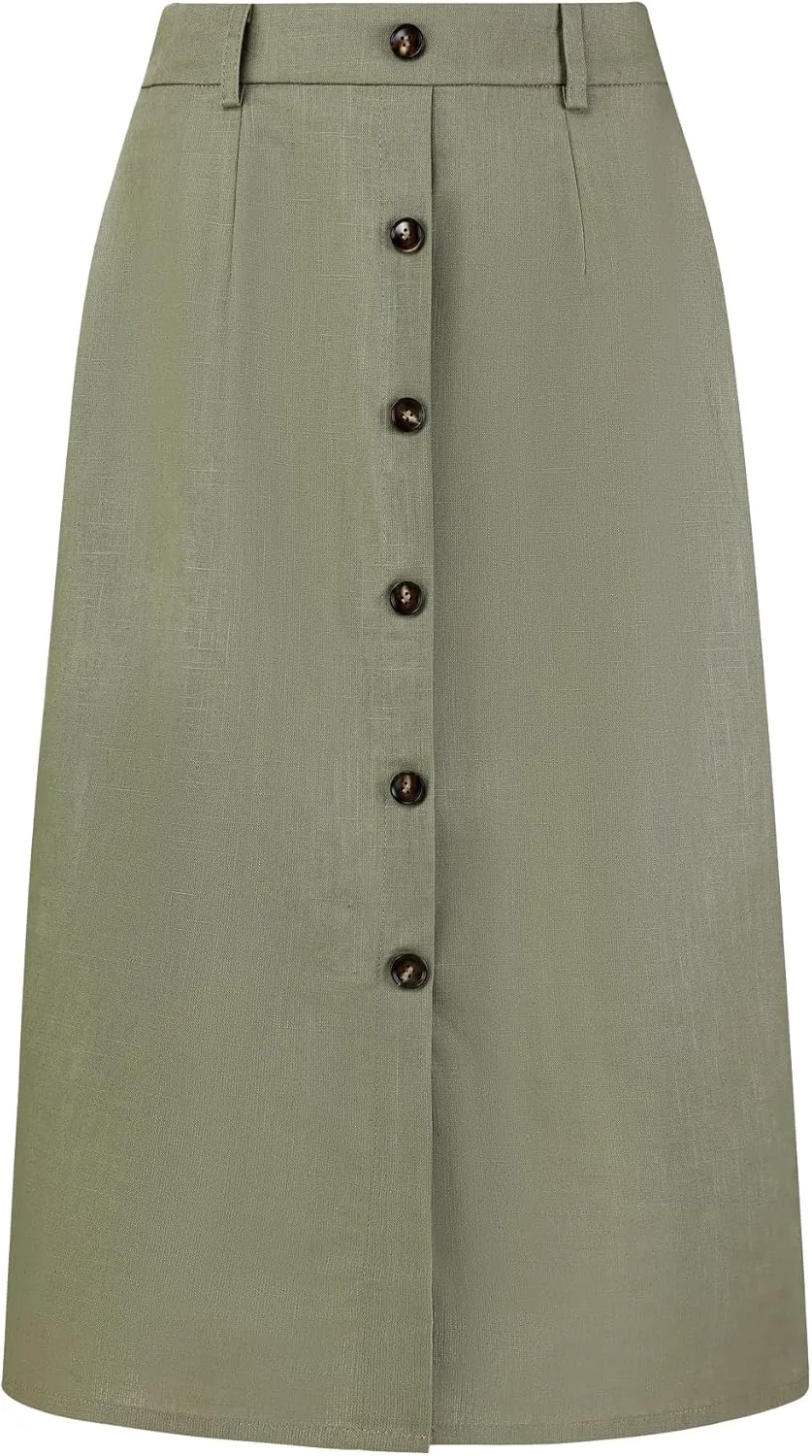 Women's Linen Skirts Slit Button Front Midi Pencil Skirt
