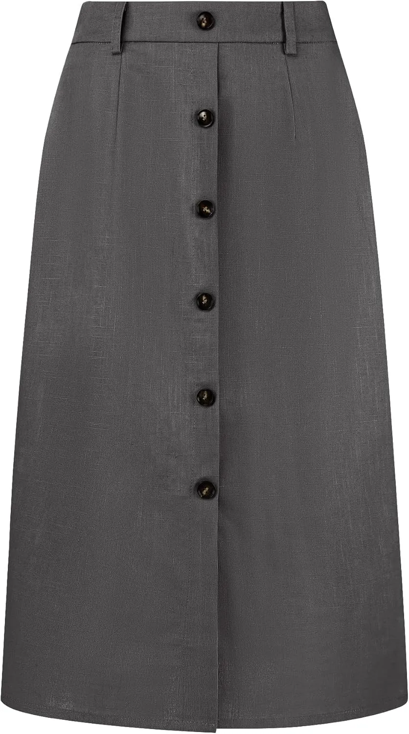 Women's Linen Skirts Slit Button Front Midi Pencil Skirt