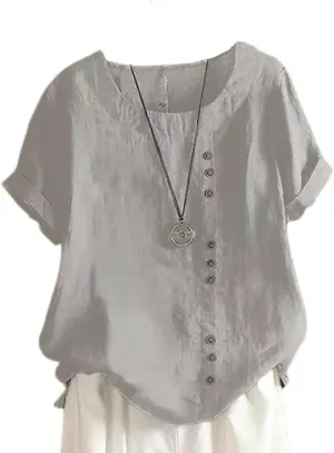 Womens Linen Tops Crew Neck Short Sleeve T Shirts Plus Size Summer Tops Button Down Blouses Fashion Tee Shirts