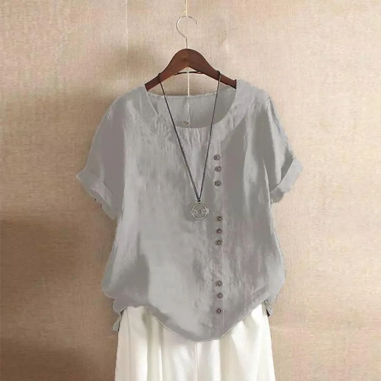 Womens Linen Tops Crew Neck Short Sleeve T Shirts Plus Size Summer Tops Button Down Blouses Fashion Tee Shirts