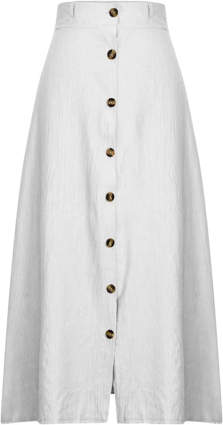 Women's Long Skirts Button Front A Line Long Summer Skirts High Waisted Elegant Flowy Skirts for Beach Vacation
