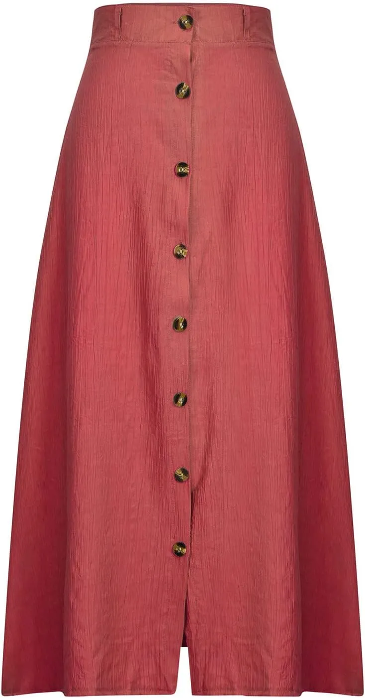 Women's Long Skirts Button Front A Line Long Summer Skirts High Waisted Elegant Flowy Skirts for Beach Vacation