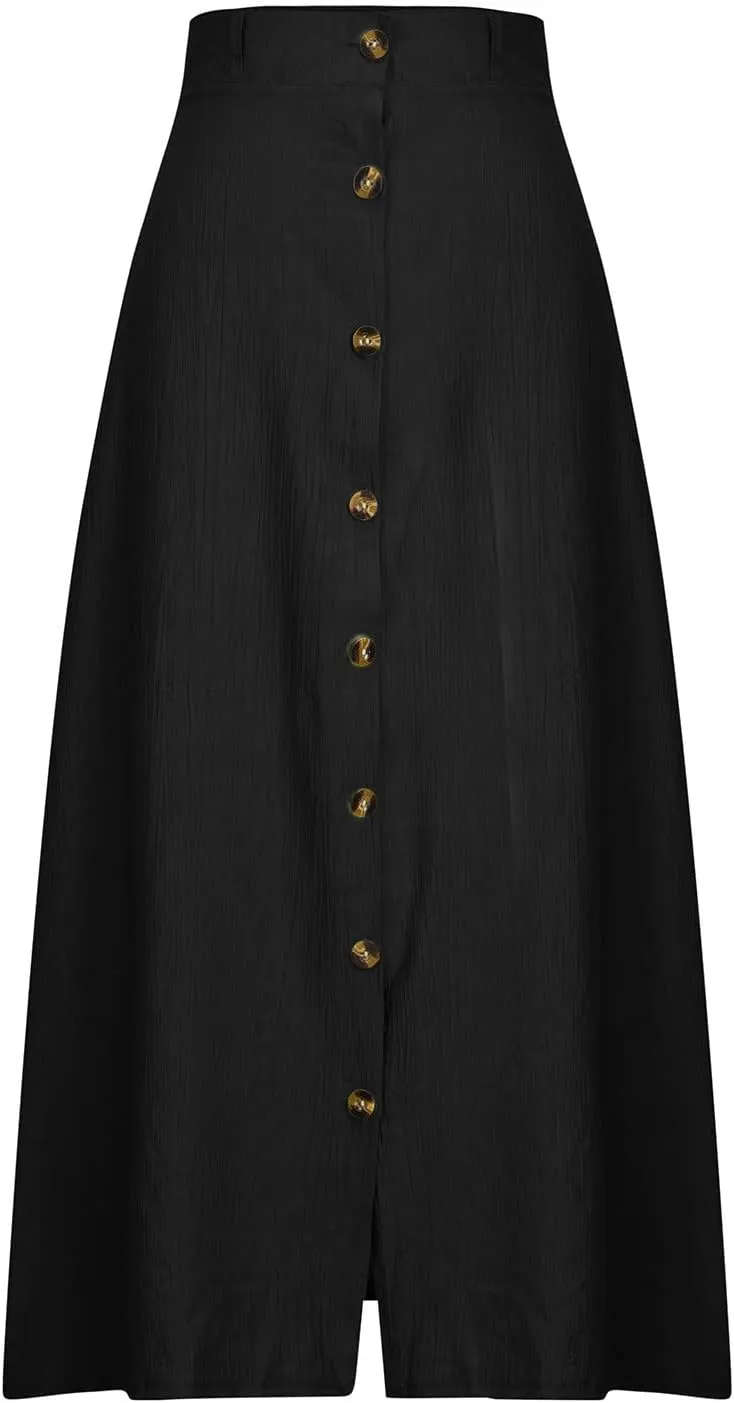 Women's Long Skirts Button Front A Line Long Summer Skirts High Waisted Elegant Flowy Skirts for Beach Vacation