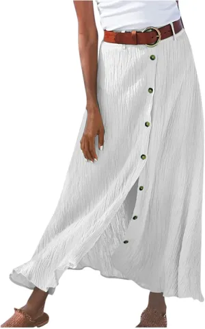 Women's Long Skirts Button Front A Line Long Summer Skirts High Waisted Elegant Flowy Skirts for Beach Vacation