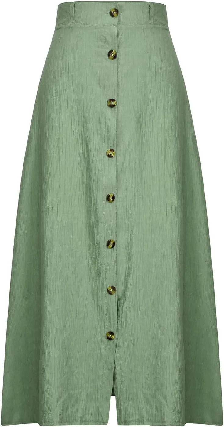 Women's Long Skirts Button Front A Line Long Summer Skirts High Waisted Elegant Flowy Skirts for Beach Vacation