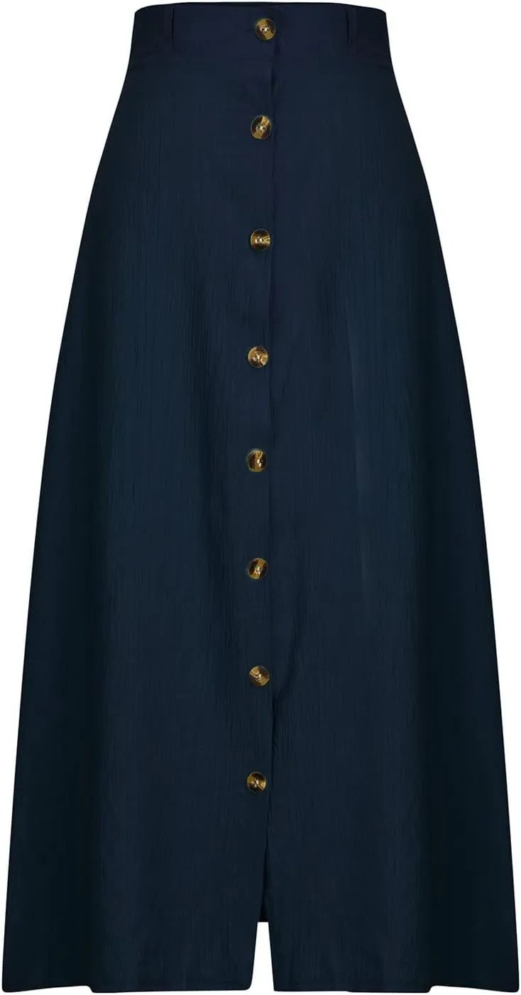 Women's Long Skirts Button Front A Line Long Summer Skirts High Waisted Elegant Flowy Skirts for Beach Vacation