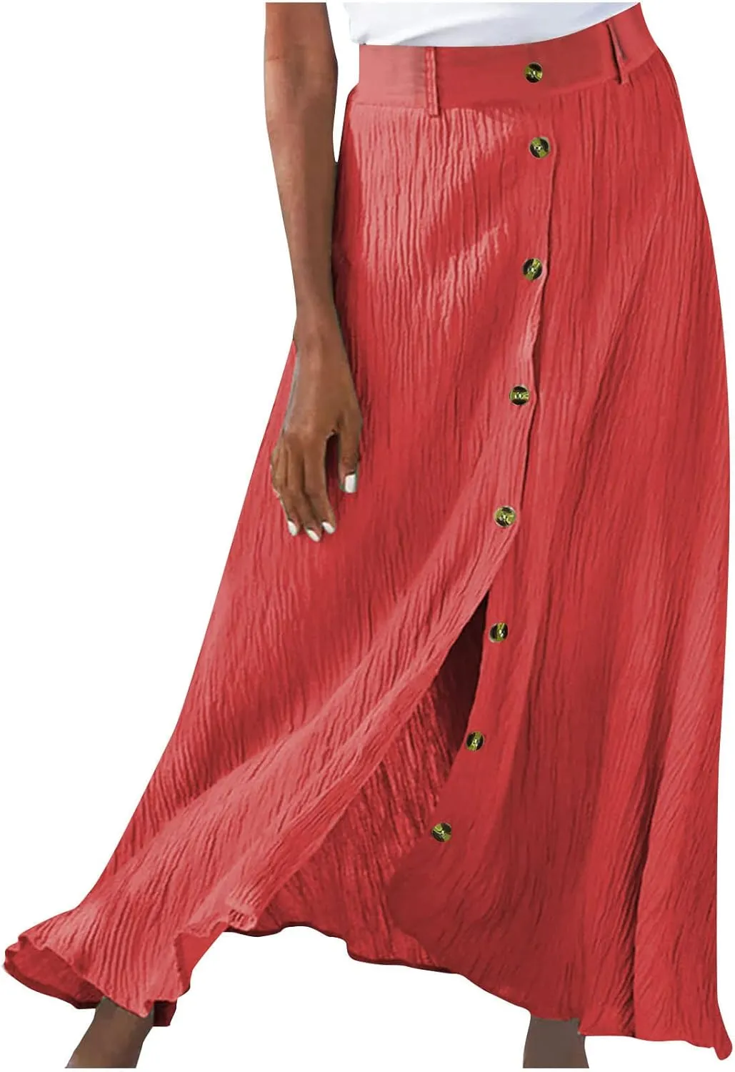 Women's Long Skirts Button Front A Line Long Summer Skirts High Waisted Elegant Flowy Skirts for Beach Vacation
