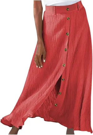 Women's Long Skirts Button Front A Line Long Summer Skirts High Waisted Elegant Flowy Skirts for Beach Vacation