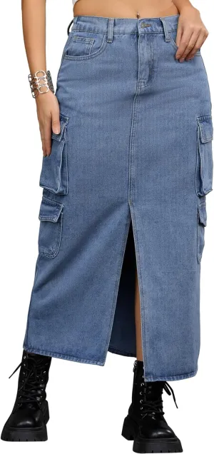 Women's Maxi Denim Skirt Front Split Button Front Elastic Waist Streetwear Flap Pockets Cargo Jean Skirts