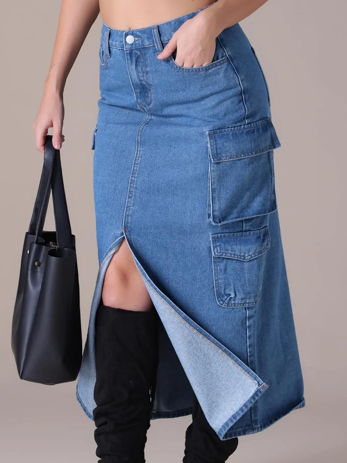 Women's Maxi Denim Skirt Front Split Button Front Elastic Waist Streetwear Flap Pockets Cargo Jean Skirts