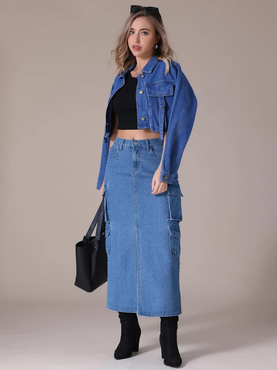 Women's Maxi Denim Skirt Front Split Button Front Elastic Waist Streetwear Flap Pockets Cargo Jean Skirts