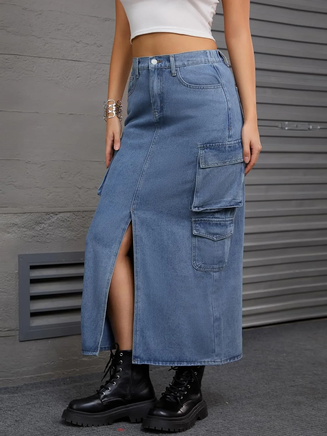 Women's Maxi Denim Skirt Front Split Button Front Elastic Waist Streetwear Flap Pockets Cargo Jean Skirts