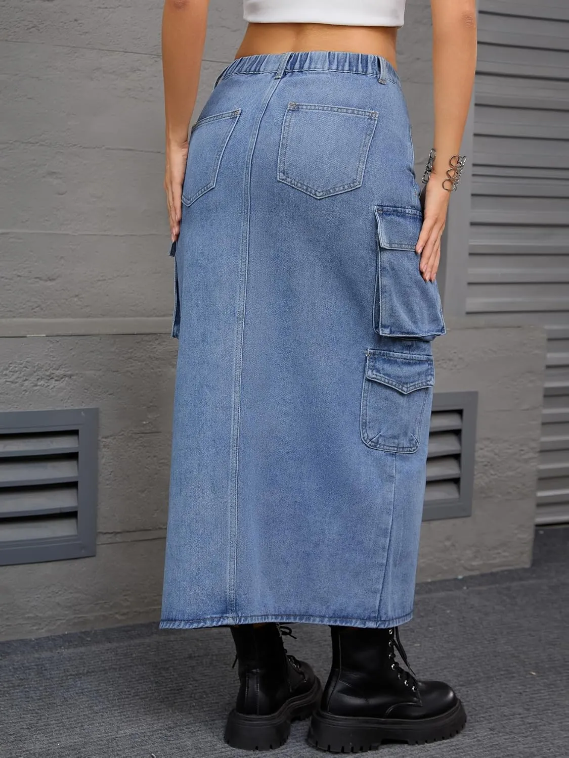 Women's Maxi Denim Skirt Front Split Button Front Elastic Waist Streetwear Flap Pockets Cargo Jean Skirts