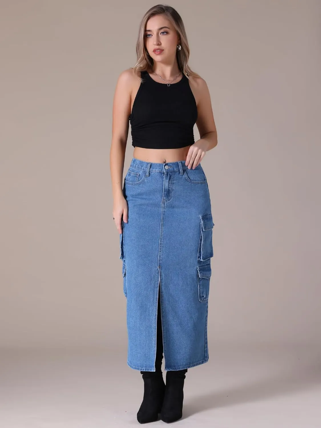 Women's Maxi Denim Skirt Front Split Button Front Elastic Waist Streetwear Flap Pockets Cargo Jean Skirts