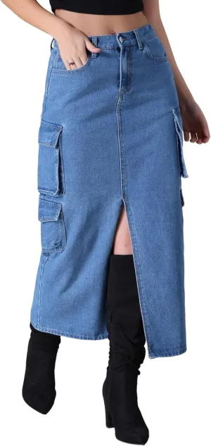 Women's Maxi Denim Skirt Front Split Button Front Elastic Waist Streetwear Flap Pockets Cargo Jean Skirts