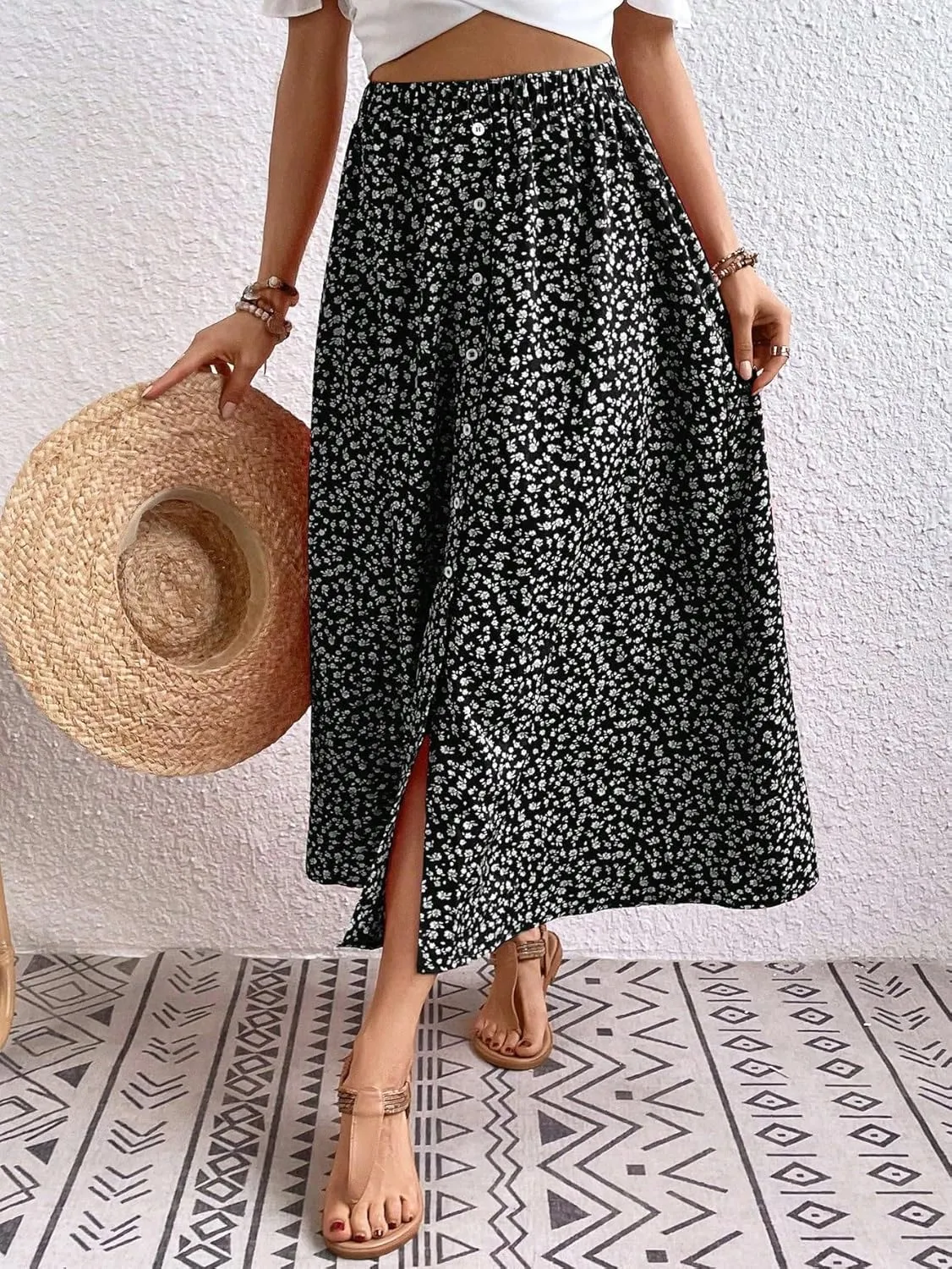 Women's Maxi Skirt Summer Midi Button Front Skirt Beach