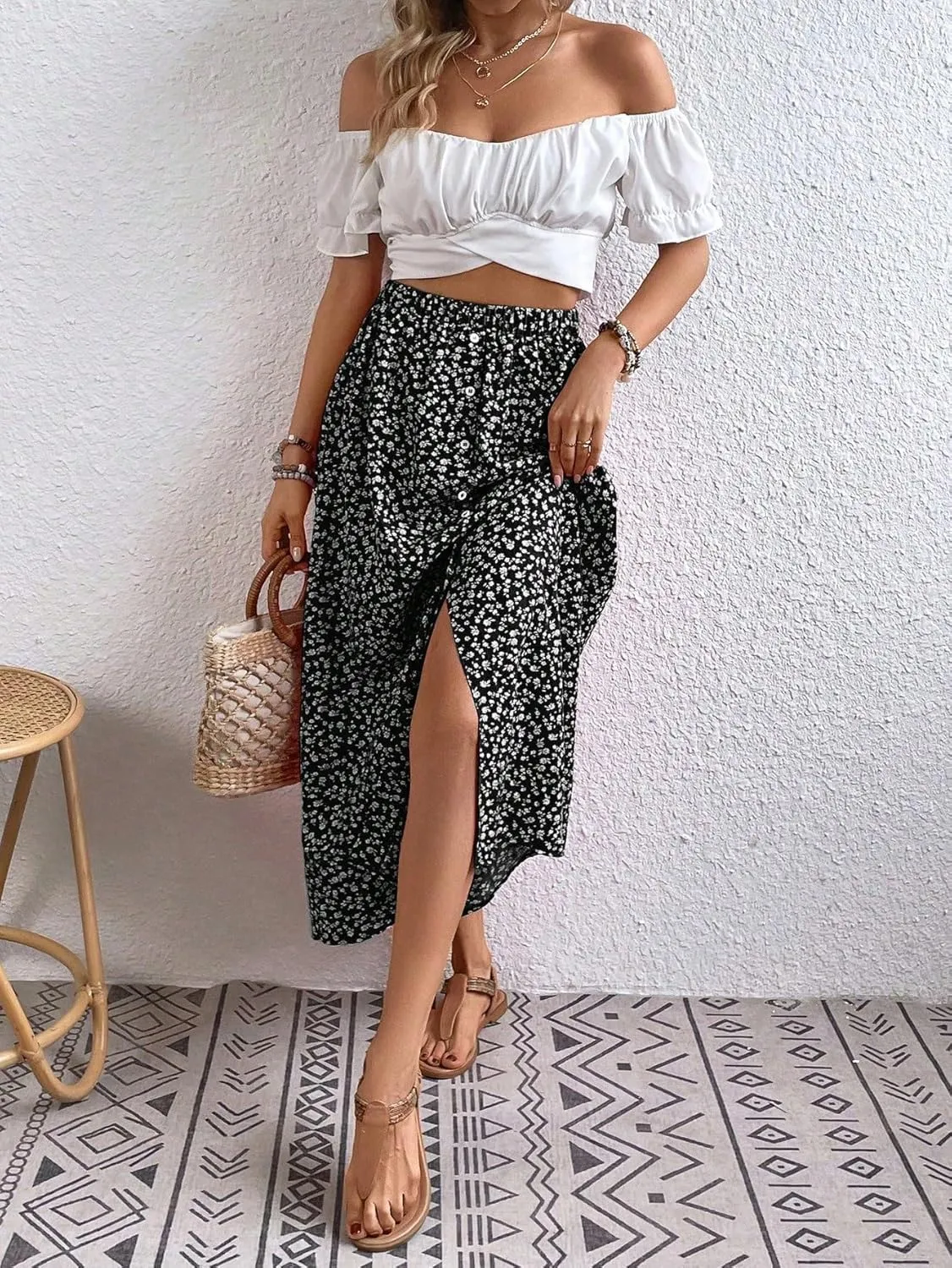 Women's Maxi Skirt Summer Midi Button Front Skirt Beach