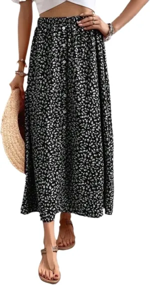 Women's Maxi Skirt Summer Midi Button Front Skirt Beach