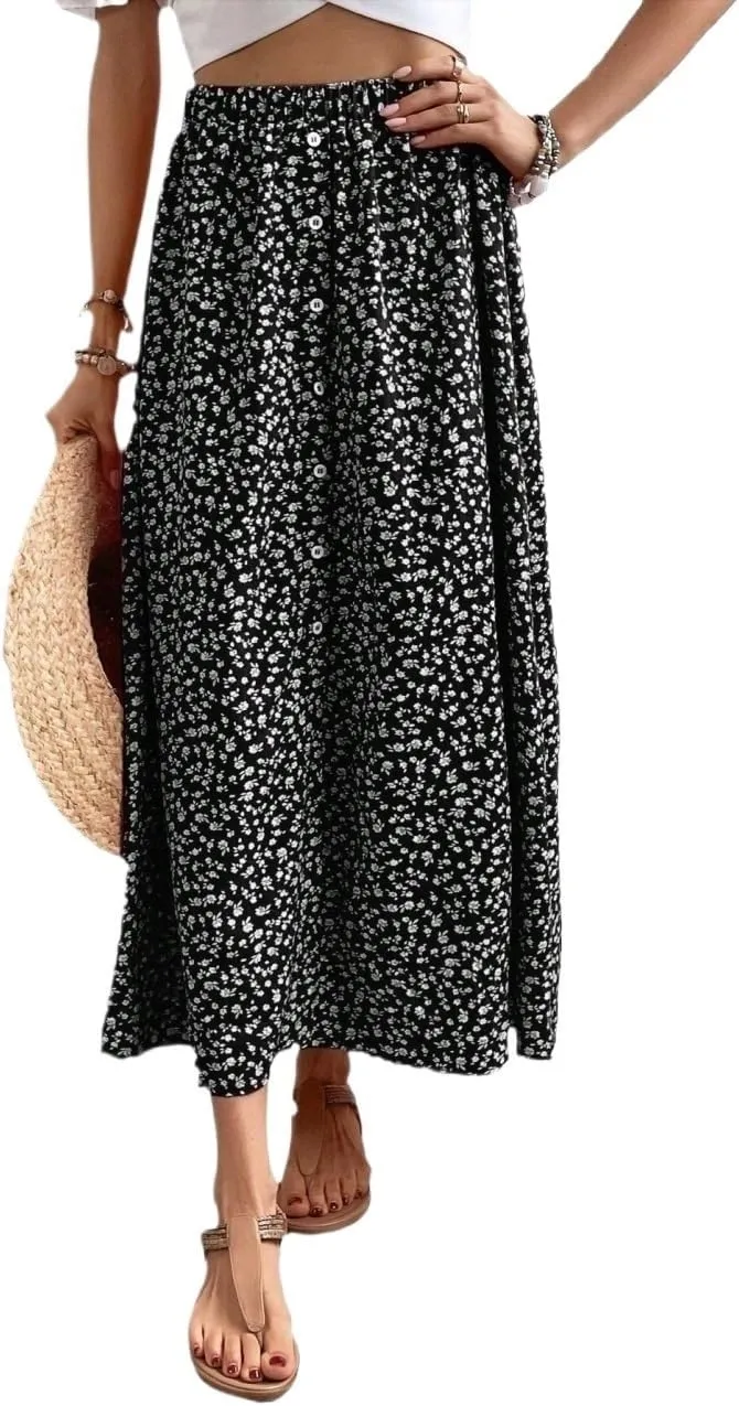Women's Maxi Skirt Summer Midi Button Front Skirt Beach