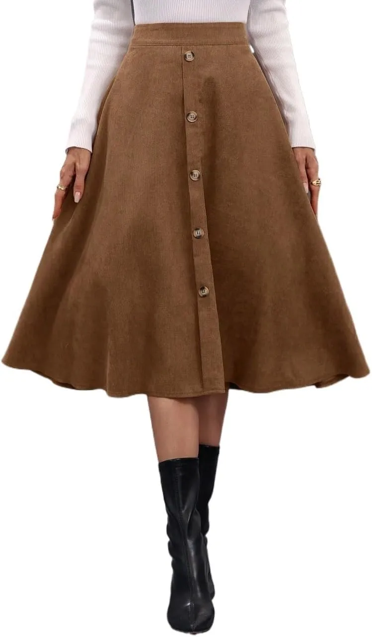 Women's Maxi Skirt Summer Midi High Waist Solid Button Front Skirt