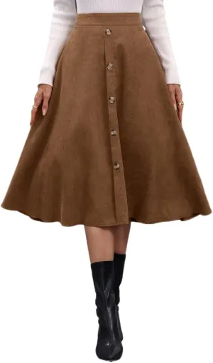 Women's Maxi Skirt Summer Midi High Waist Solid Button Front Skirt