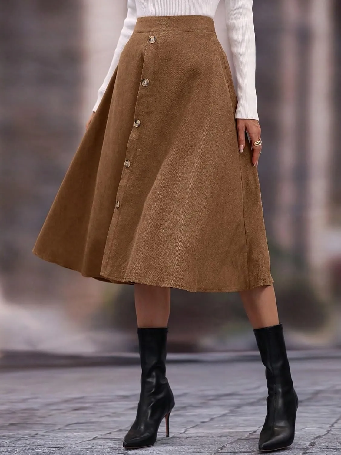 Women's Maxi Skirt Summer Midi High Waist Solid Button Front Skirt