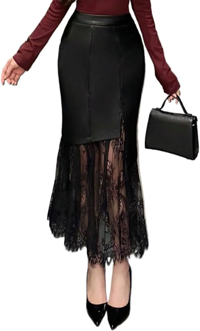 Women's Maxi Skirt Summer Midi Lace Casual A-Line Slit PU Skirt
