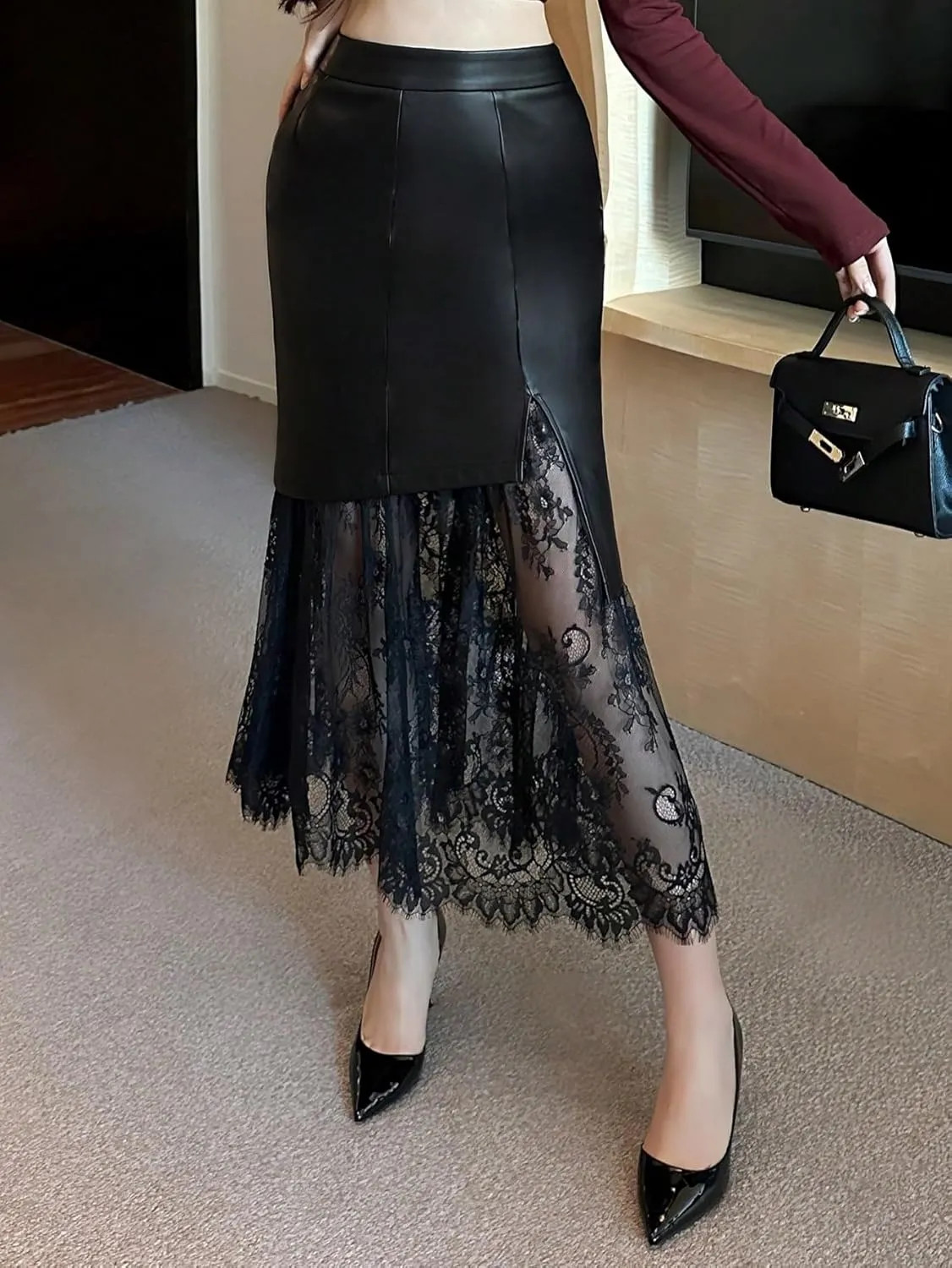 Women's Maxi Skirt Summer Midi Lace Casual A-Line Slit PU Skirt