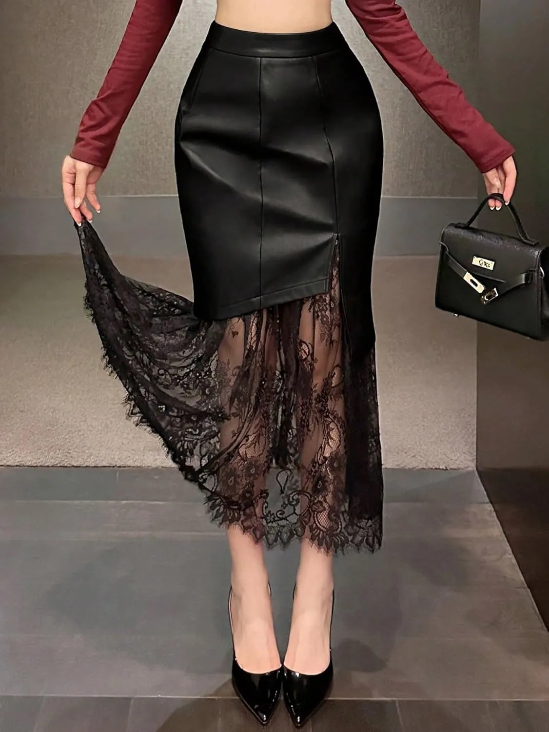 Women's Maxi Skirt Summer Midi Lace Casual A-Line Slit PU Skirt