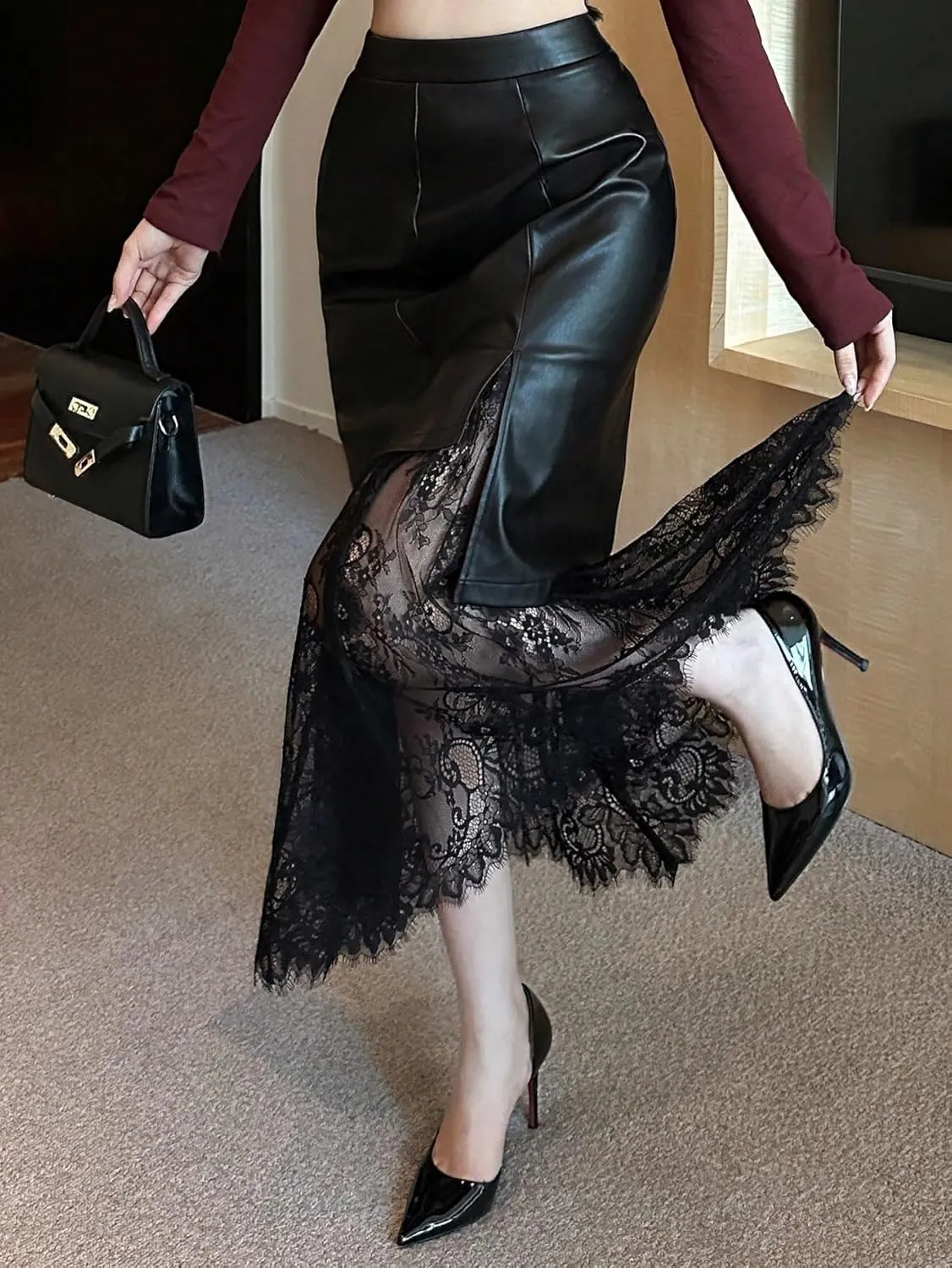 Women's Maxi Skirt Summer Midi Lace Casual A-Line Slit PU Skirt