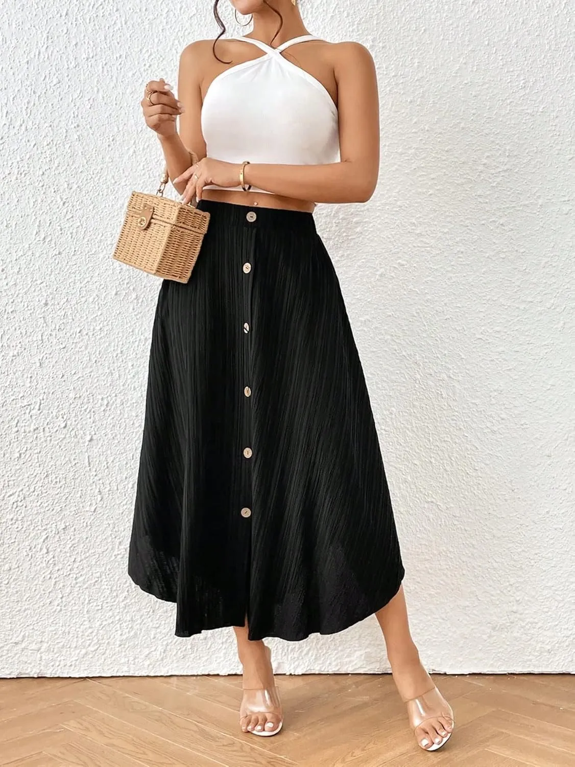 Women's Maxi Skirt Summer Midi Solid Button Front Hem Skirt
