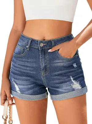 Women's Mid-High Rise Ripped Denim Shorts Stretchy Distressed Jean Shorts with Pockets Folded Hem Casual Summer Jorts