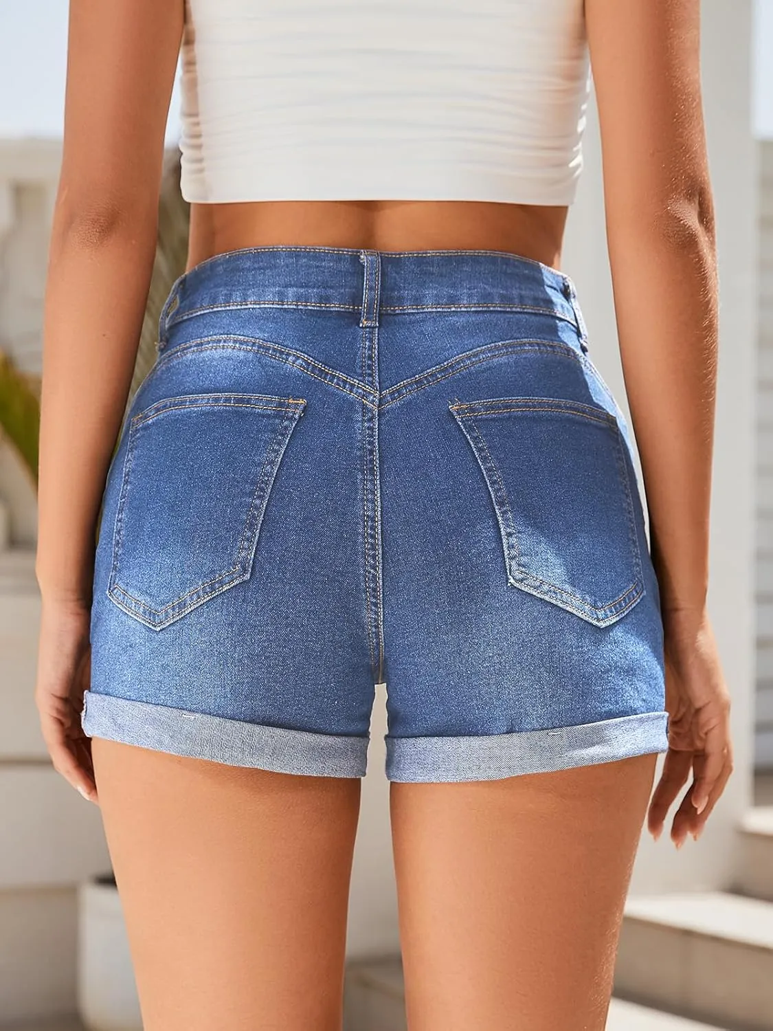 Women's Mid-High Rise Ripped Denim Shorts Stretchy Distressed Jean Shorts with Pockets Folded Hem Casual Summer Jorts