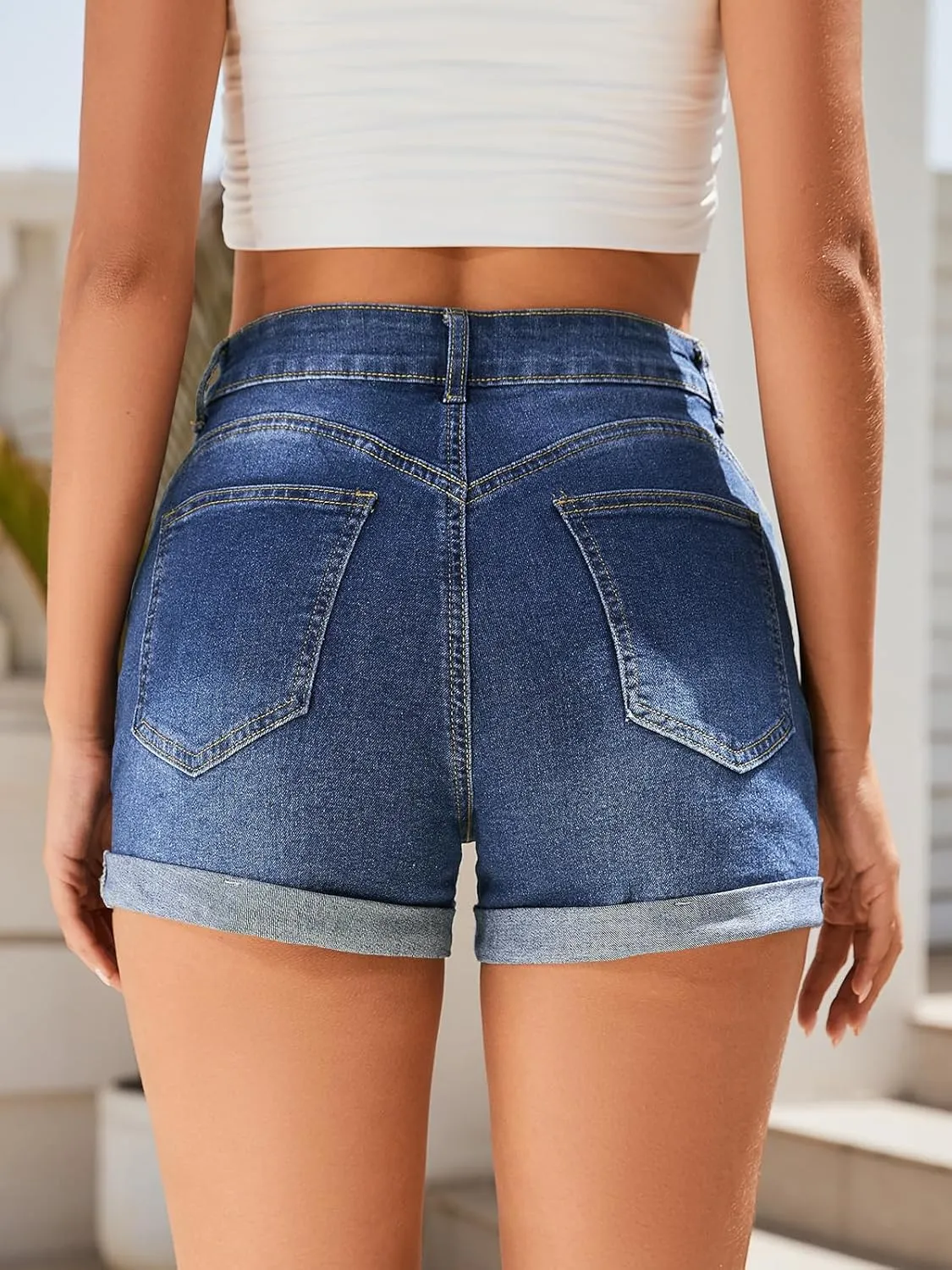 Women's Mid-High Rise Ripped Denim Shorts Stretchy Distressed Jean Shorts with Pockets Folded Hem Casual Summer Jorts