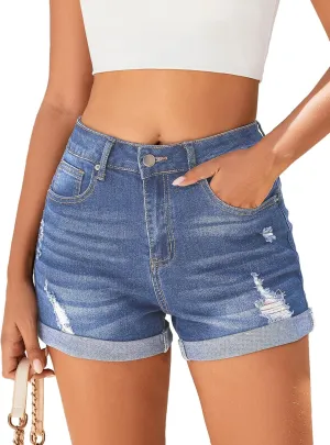 Women's Mid-High Rise Ripped Denim Shorts Stretchy Distressed Jean Shorts with Pockets Folded Hem Casual Summer Jorts