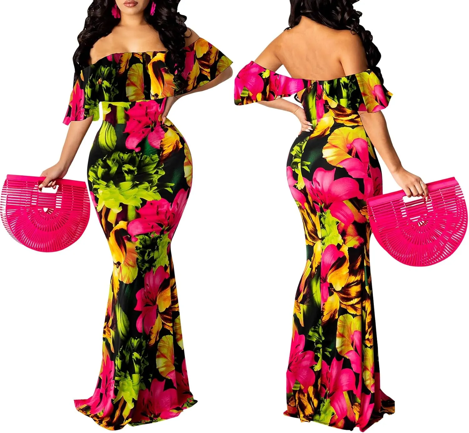 Women's Off Shoulder Maxi Dress Sexy Hawaiian Floral Long Party Dresses