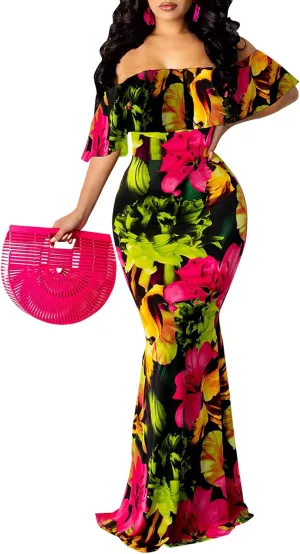 Women's Off Shoulder Maxi Dress Sexy Hawaiian Floral Long Party Dresses