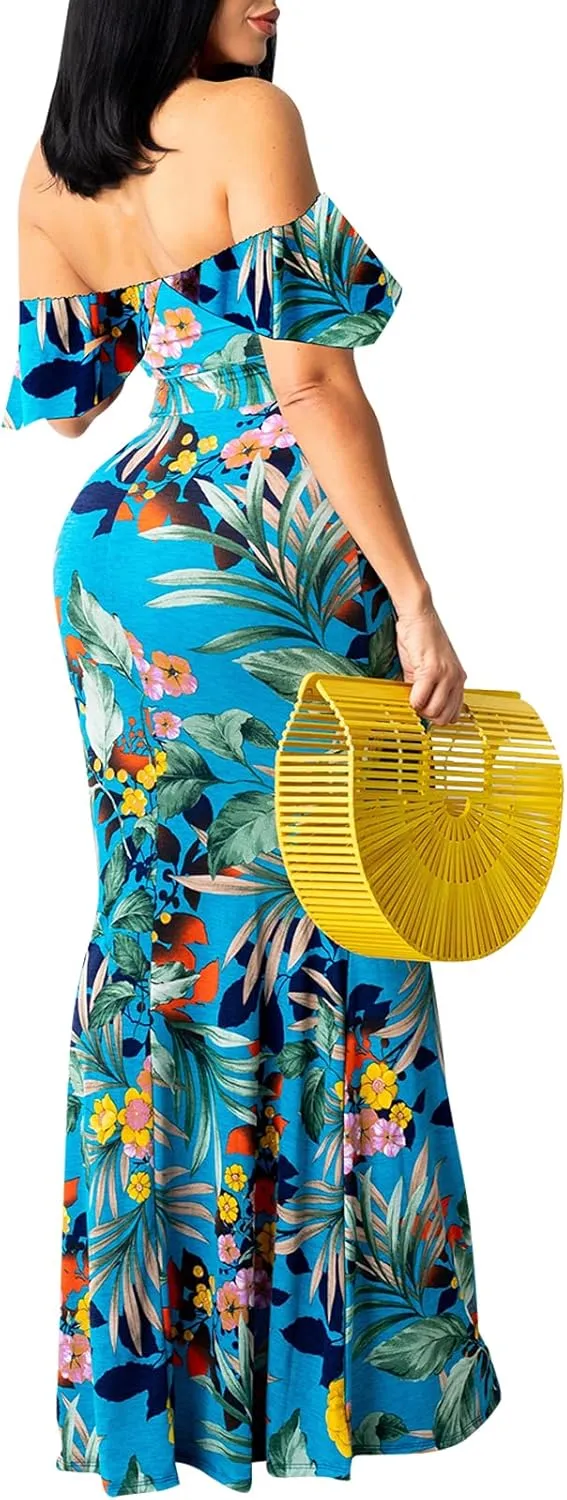 Women's Off Shoulder Maxi Dress Sexy Hawaiian Floral Long Party Dresses