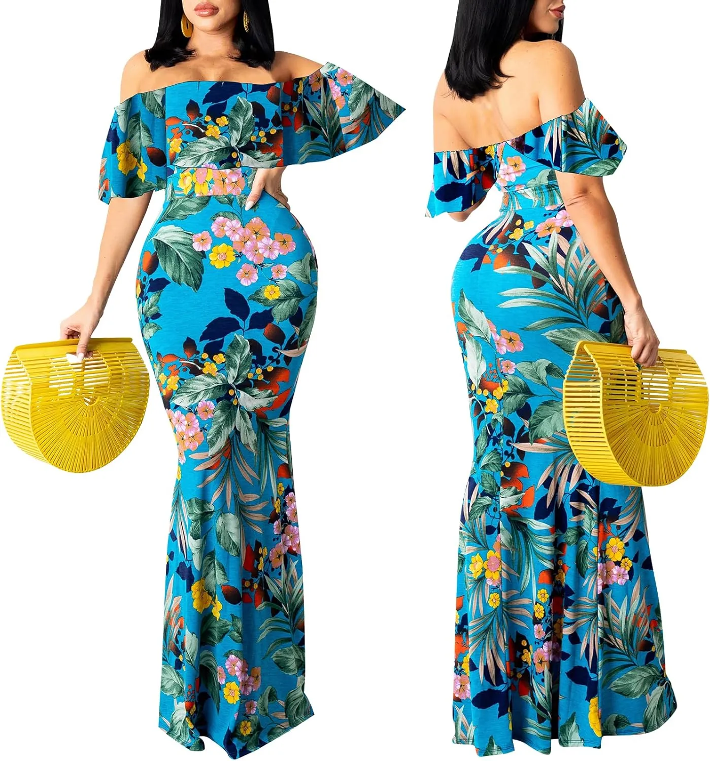 Women's Off Shoulder Maxi Dress Sexy Hawaiian Floral Long Party Dresses